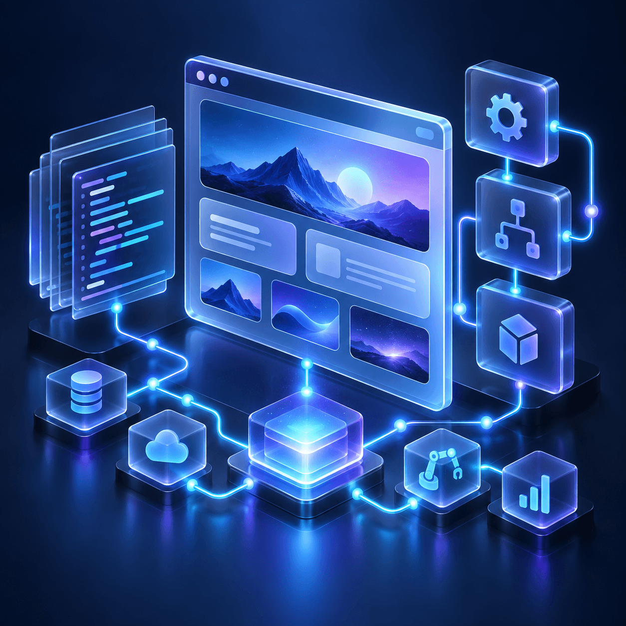 Abstract 3D visual of connected digital product and automation workflows