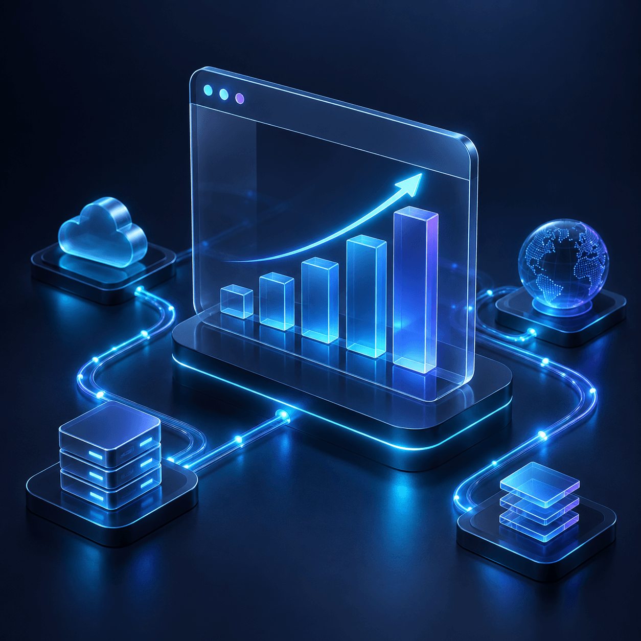Abstract 3D visual of a connected digital growth ecosystem